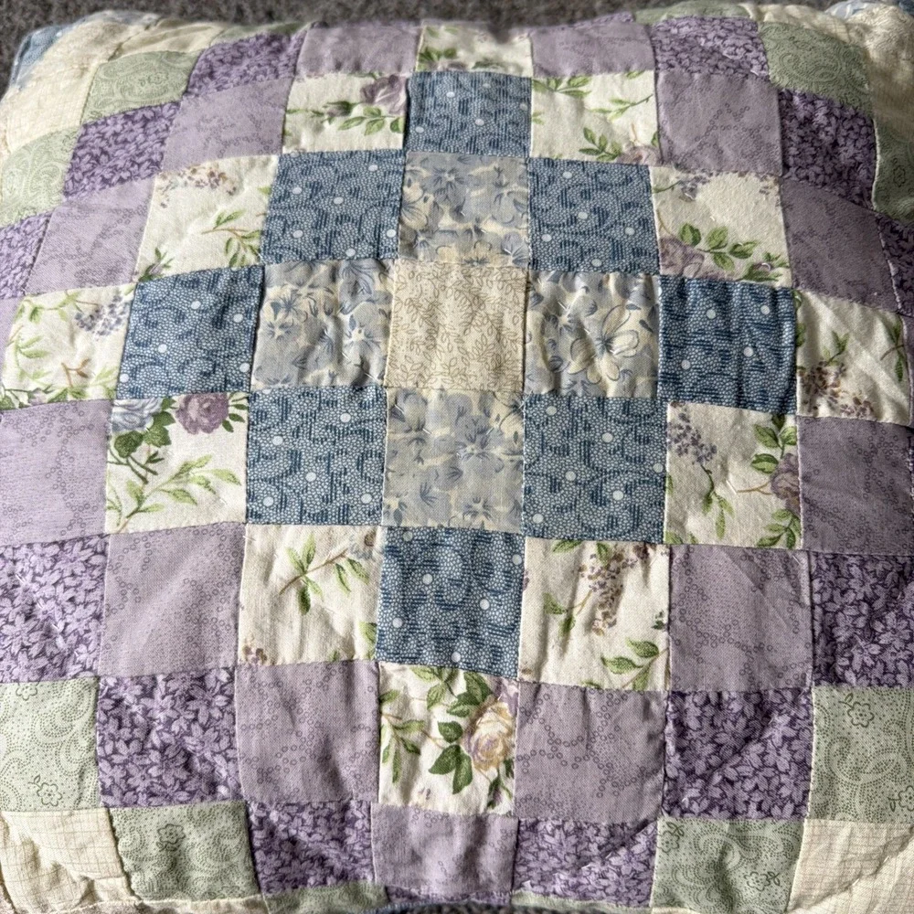 Vtg Cottagecore Patchwork Quilted Pillow Purple, Blue Floral 16
